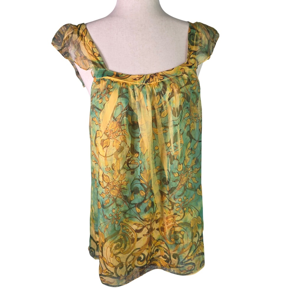 One World Yellow Green Scroll Paisley Flutter Sleeve Rhinestone Chiffon Blouse L